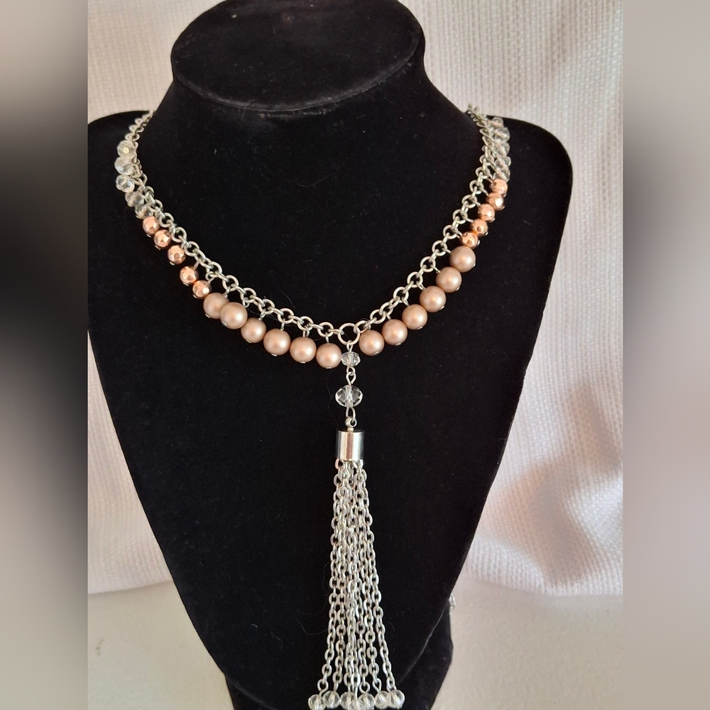 NY & Co Silver and Beaded Long Tassle Necklace